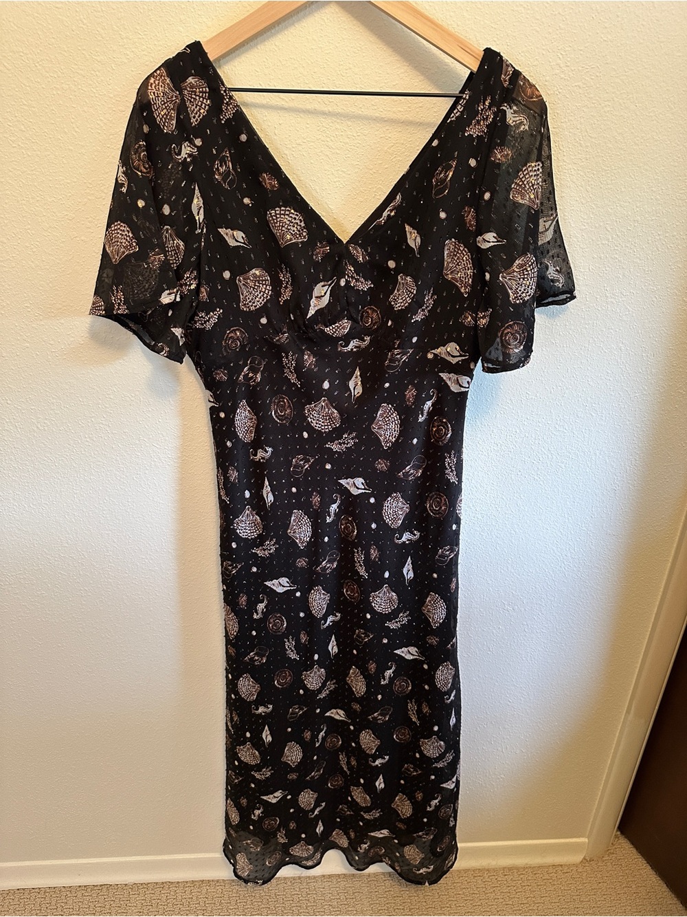 LOFT Black Midi Dress with seashell motif